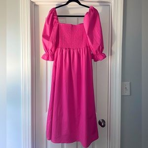 Hot Pink Shirred Bodice Square Neck Puff Sleeve Dress
